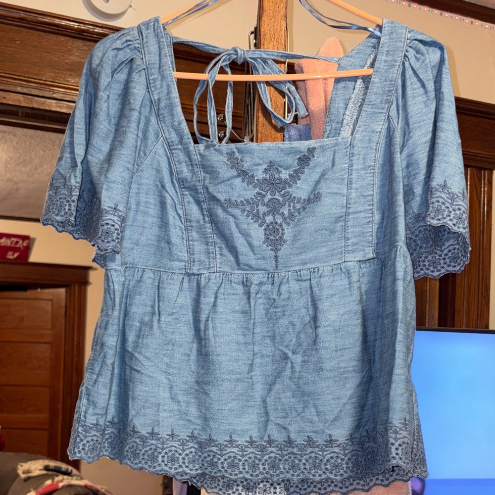 Old Navy Light Blue Embroidered Blouse